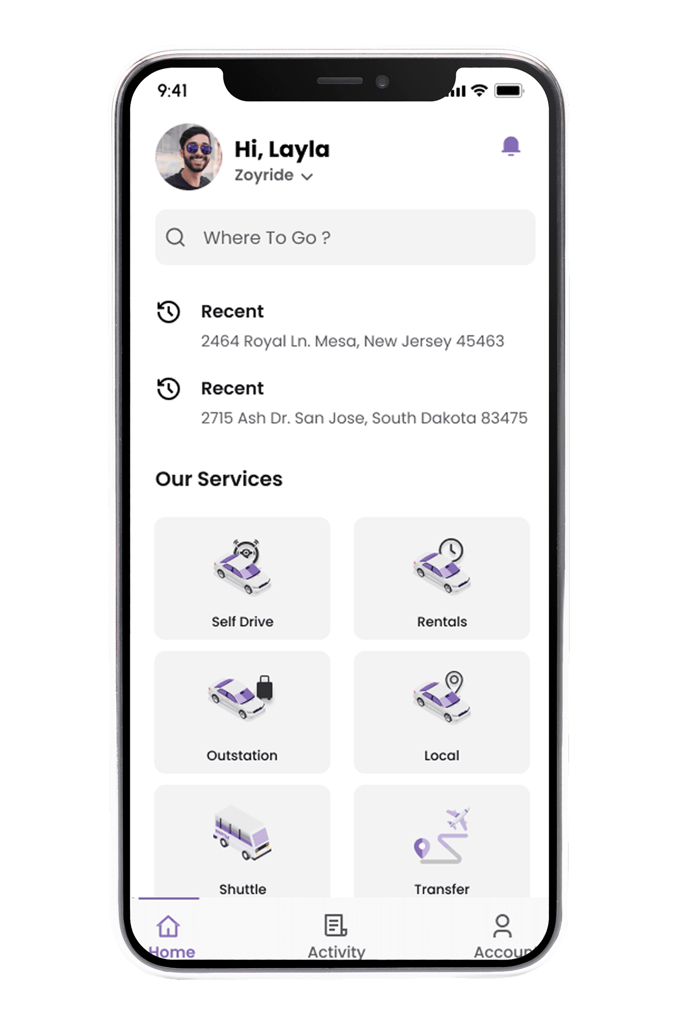 Zoyride passenger app ride booking interface