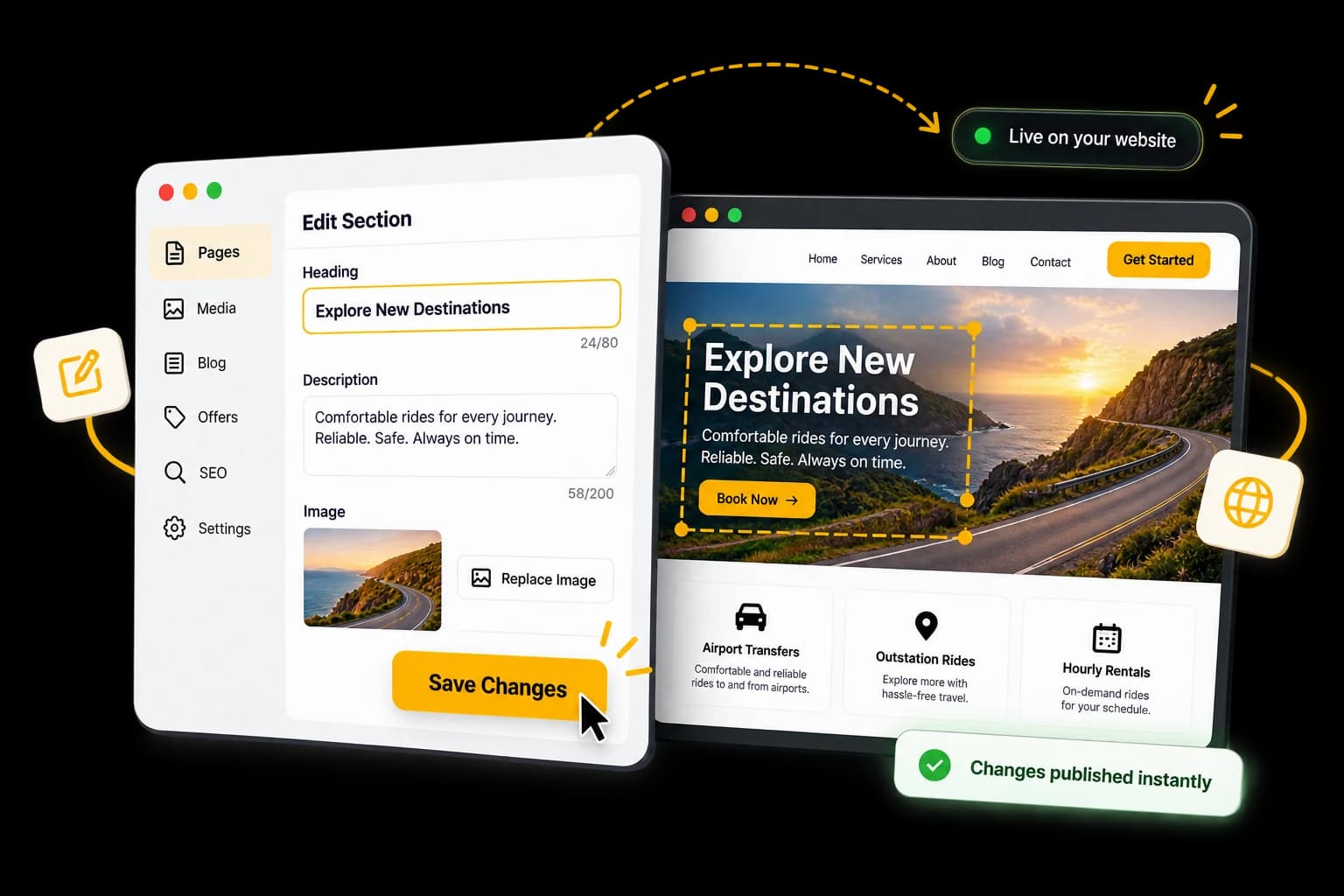 CMS editor showing content changes published instantly on a transport website
