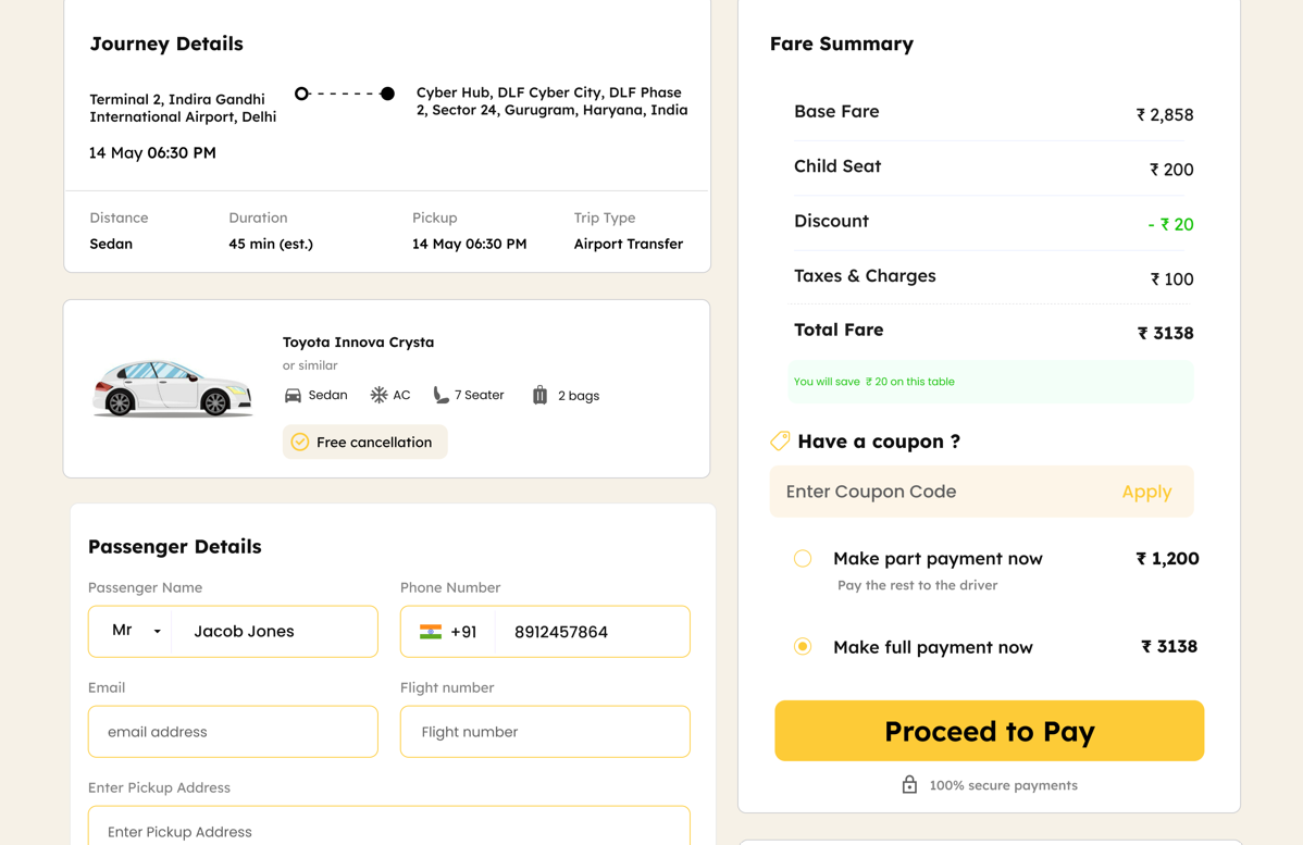 Journey details, passenger information and fare summary