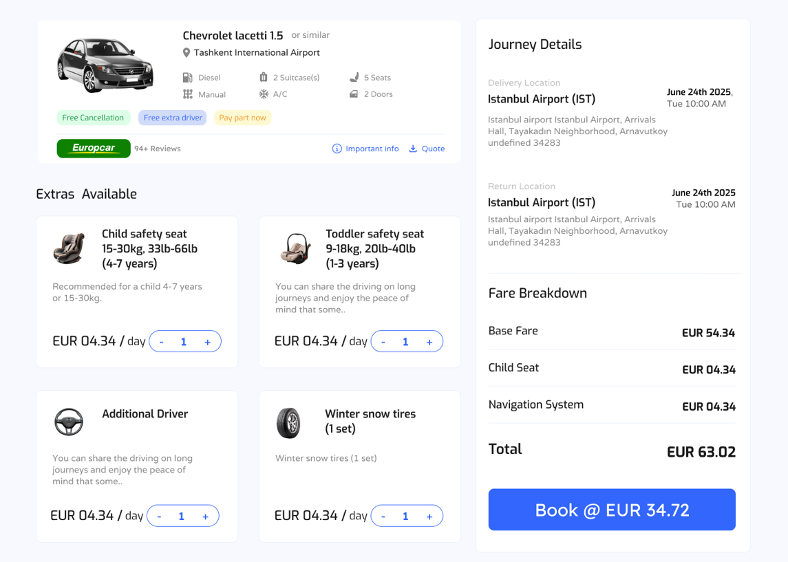Extras, journey details and fare breakdown