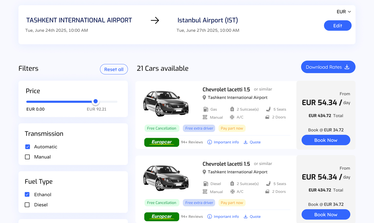 Vehicle comparison, filters and rates