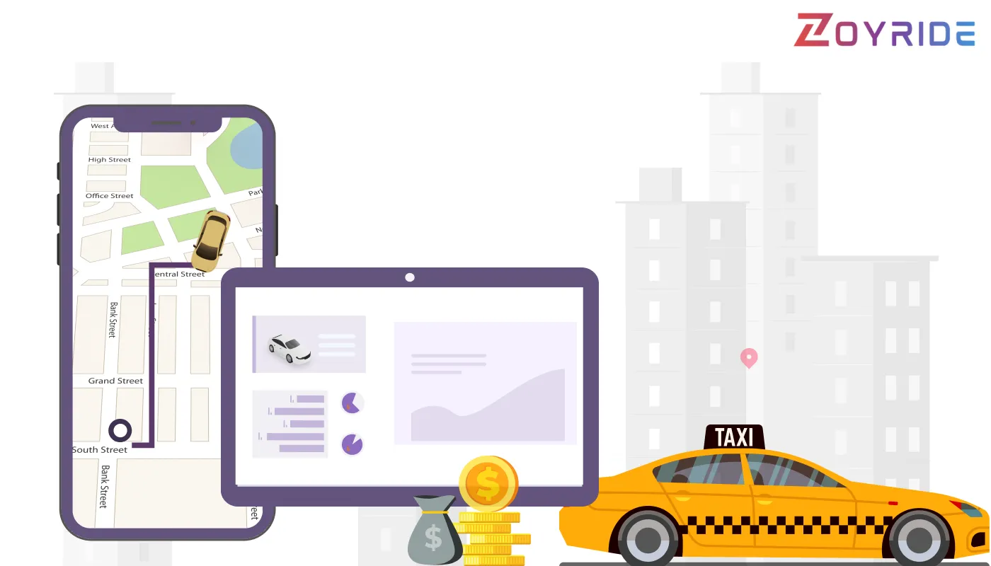 Zoyride taxi dispatch software showing mobile map tracking, analytics dashboard, and cost efficiency for fleet management in 2025 The Cost of Taxi Dispatch Software in 2025