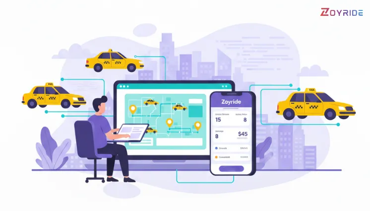 How Local Taxi Operators Can Go Digital with White Label Solutions Illustration of taxi operator using Zoyride dashboard to manage and track cabs with white-label taxi software.