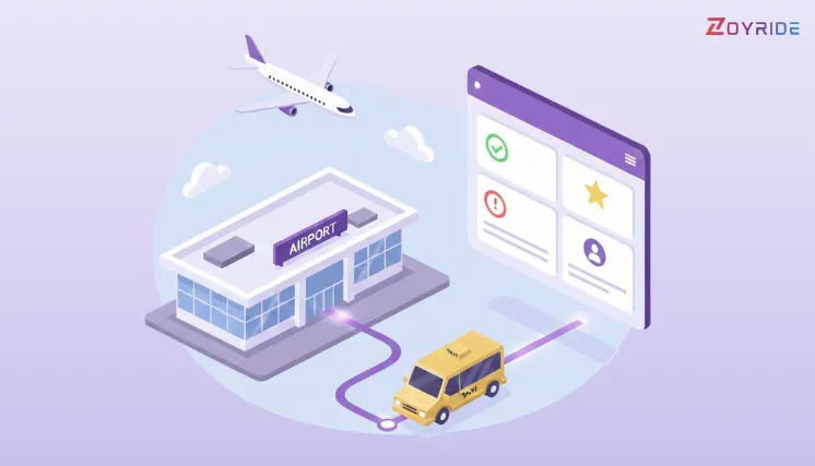 תוכנת דיספאץ' להסעות שדה תעופה איור של תוכנת הדיספאץ' להסעות שדה התעופה של Zoyride המנהלת ואן הסעות ולוחות טיסות ליד טרמינל.