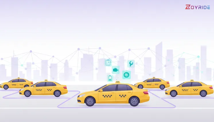 How Predictive Maintenance Can Minimize Taxi Downtime Illustration showing Zoyride predictive maintenance system analyzing taxi fleet performance.