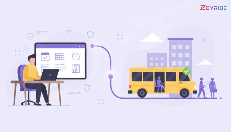 HR Demands for Employee Transport System An HR manager using a laptop to schedule a duty roster on an employee transport system dashboard, connecting to a corporate shuttle bus and staff.