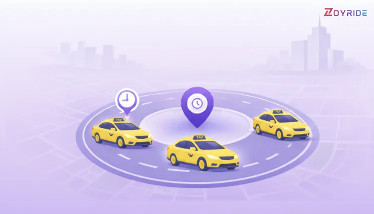 Illustration of real-time GPS tracking for taxi fleets showing yellow cabs, location pins, and clock icons for ETA monitoring.