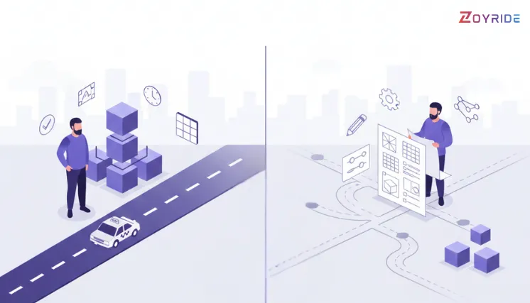 Comparison between a white-label taxi app with pre-built modules and a custom-built app development blueprint for growing operators.