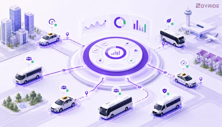 Zoyride Analytics dashboard showing SLA performance monitoring and fleet utilization metrics