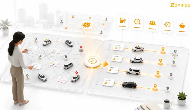AI dispatch dashboard showing fleet cost savings, route optimization, and operational performance analytics