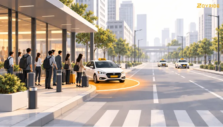 Taxi serving passengers in a high-demand area, illustrating how dispatch data helps taxi businesses identify areas that need more fleet coverage.