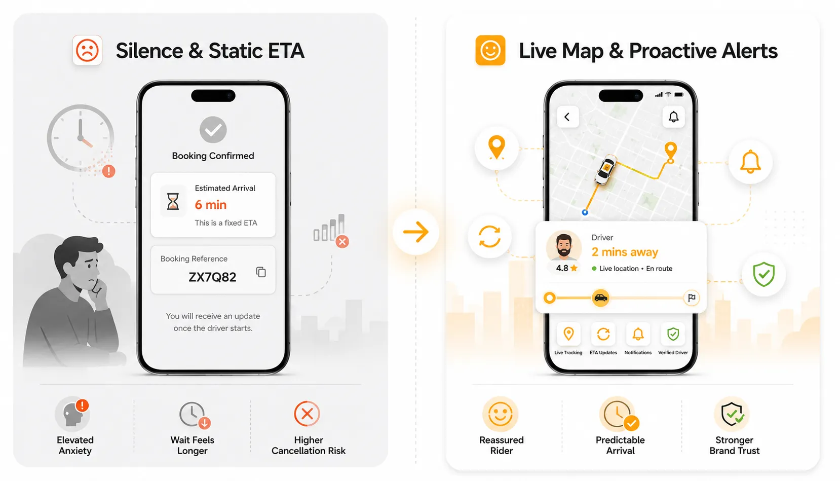 Infographic comparing static ETA with live GPS tracking and proactive alerts to improve rider confidence during the post booking wait."