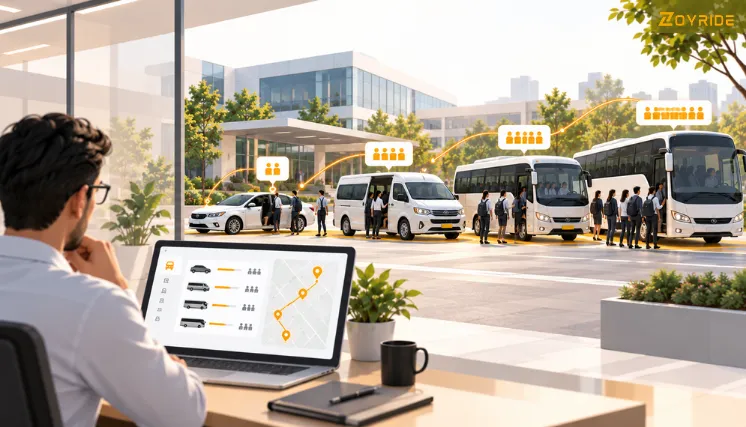 Employee transport planning showing passenger demand matched with suitable vehicle capacity for efficient fleet utilization.
