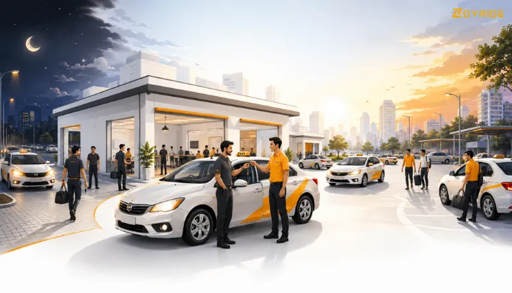 A shift schedule illustration showing driver rotations across morning, evening, and night shifts to maintain a 24/7 continuous taxi fleet operation.