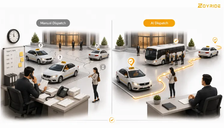 "Comparison of AI dispatch and manual dispatch workflows for taxi fleet operations and trip management