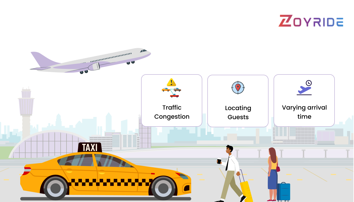 Airport shuttle at terminal facing guest pickup challenges: traffic, locating guests, timing.