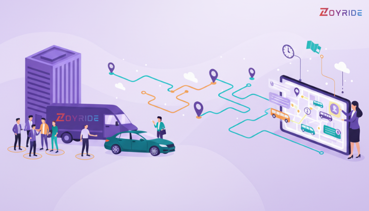 illustration showing a manager using a large tablet screen to manage optimized routes for employee transport vehicles and corporate staff.