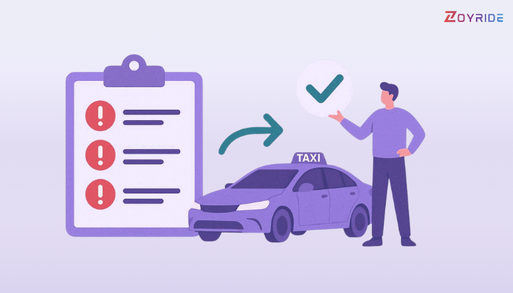 Compliance dashboard in Zoyride software showing driver license status, vehicle maintenance alerts, and secure data logs.
