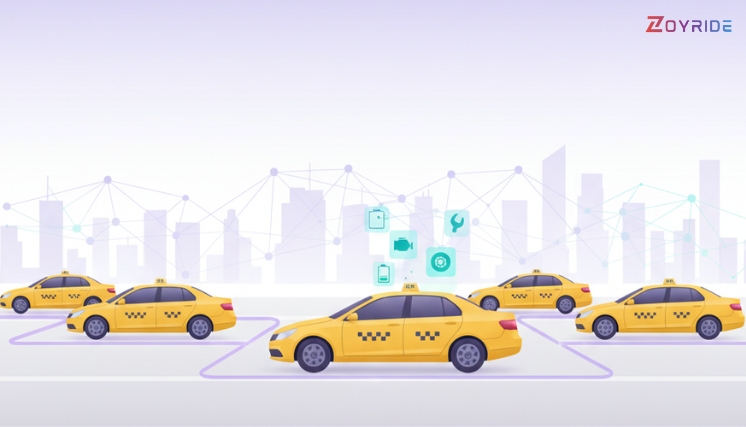 How Predictive Maintenance Can Minimize Taxi Downtime Illustration showing Zoyride predictive maintenance system analyzing taxi fleet performance.