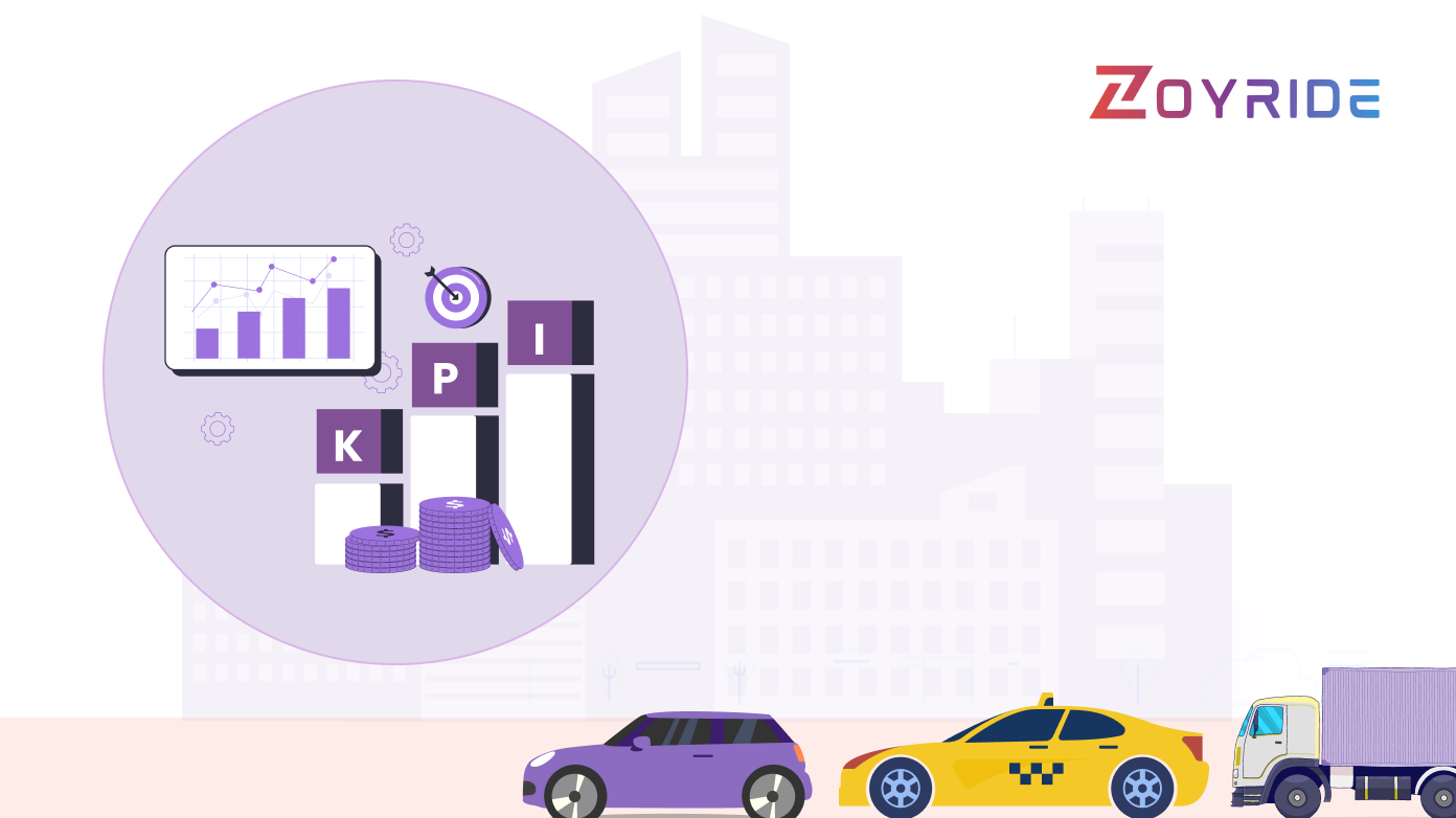 Illustration of fleet KPIs with graphs, performance metrics, cars, taxi, and truck – showcasing how Zoyride transport software improves efficiency and operations. Zoyride KPI Dashboard for Smarter Fleet & Taxi Management
