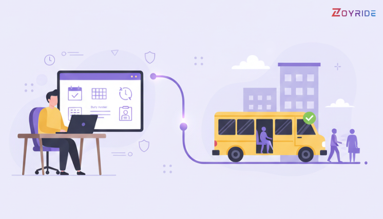 HR Demands for Employee Transport System An HR manager using a laptop to schedule a duty roster on an employee transport system dashboard, connecting to a corporate shuttle bus and staff.